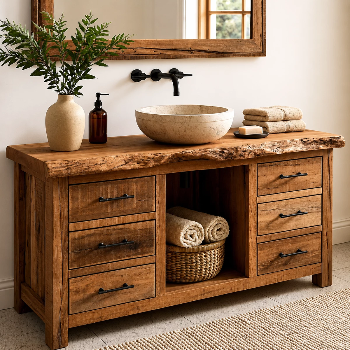Rustic Solid Wood Bathroom Vanity With Live Edge Top & 6 Drawers - Livewoodcraft - 6