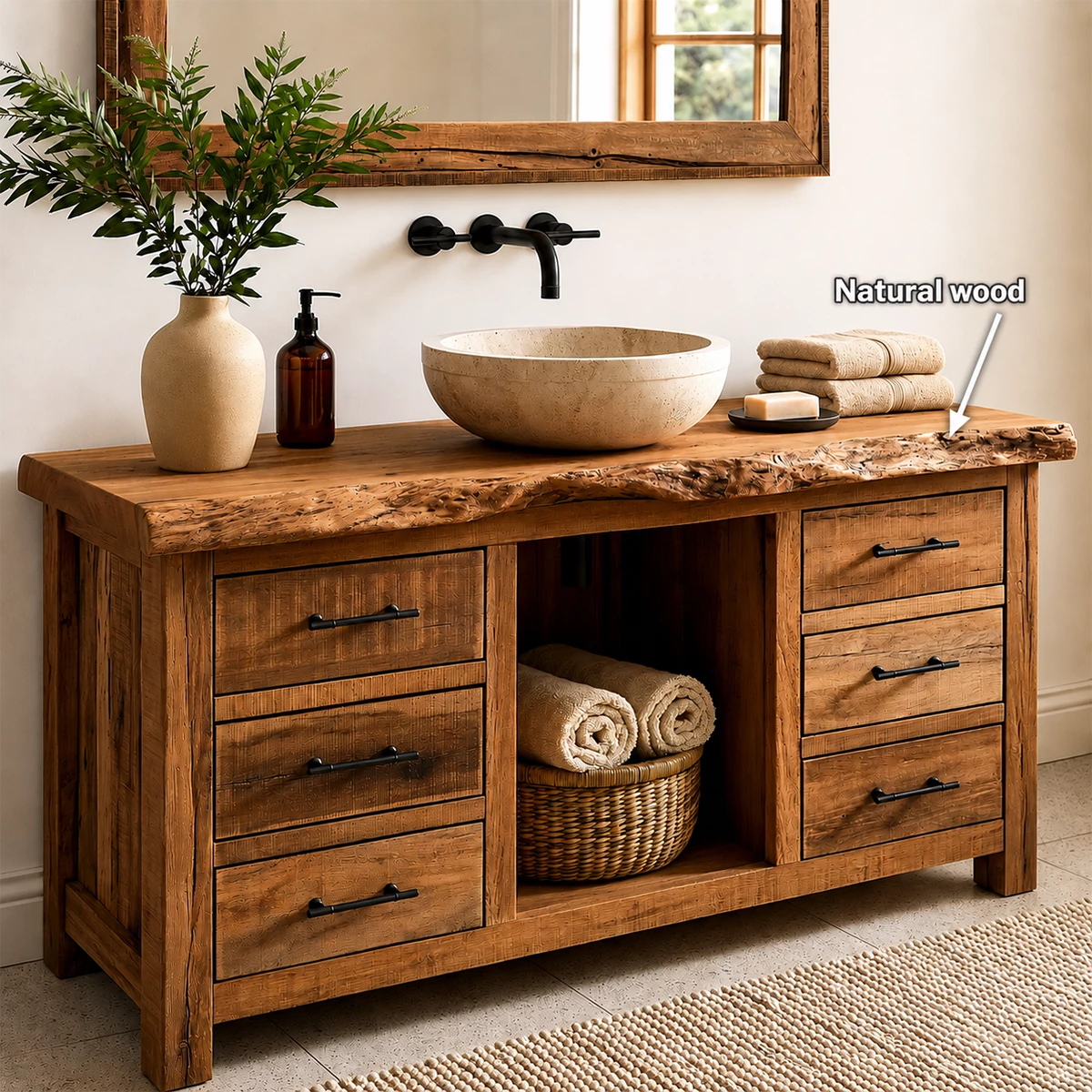 Rustic Solid Wood Bathroom Vanity With Live Edge Top & 6 Drawers - Livewoodcraft - 7