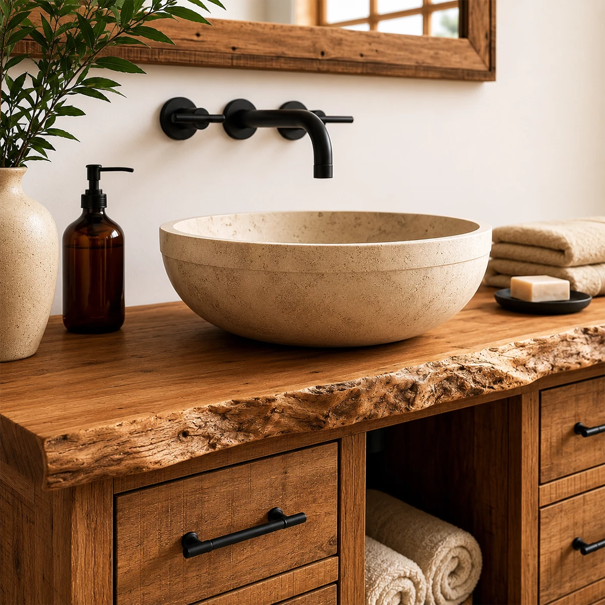 Rustic Solid Wood Bathroom Vanity With Live Edge Top & 6 Drawers - Livewoodcraft - 9