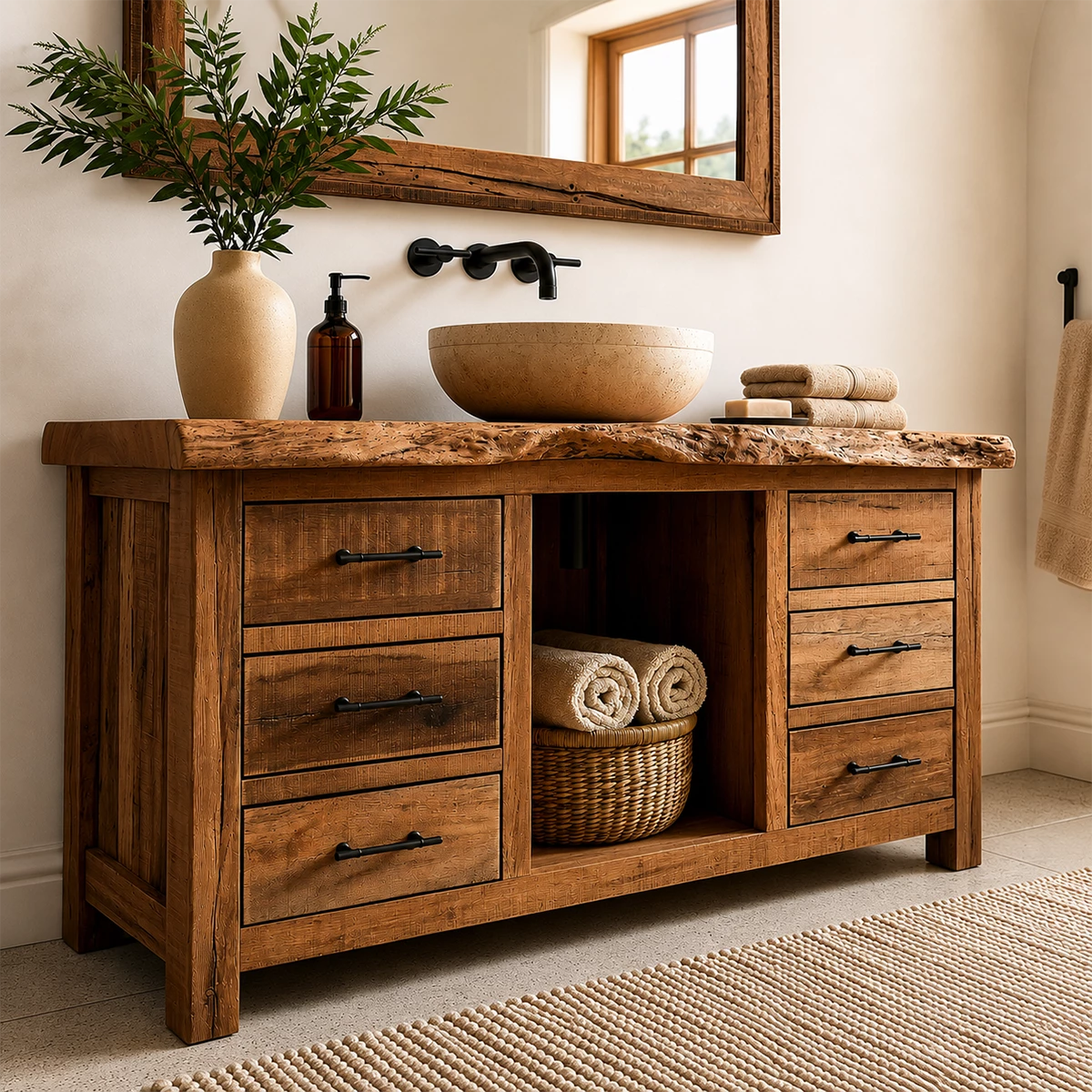 Rustic Solid Wood Bathroom Vanity With Live Edge Top & 6 Drawers - Livewoodcraft