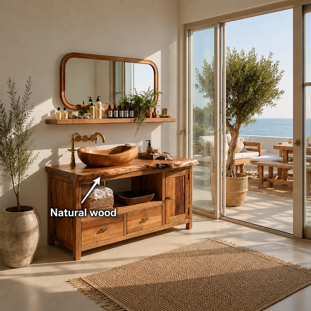 Rustic Solid Wood Bathroom Vanity With Vessel Sink & Open Storage - Livewoodcraft - 11