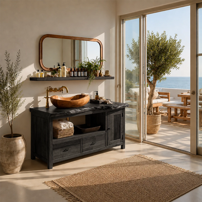 Rustic Solid Wood Bathroom Vanity With Vessel Sink & Open Storage - Livewoodcraft - 3