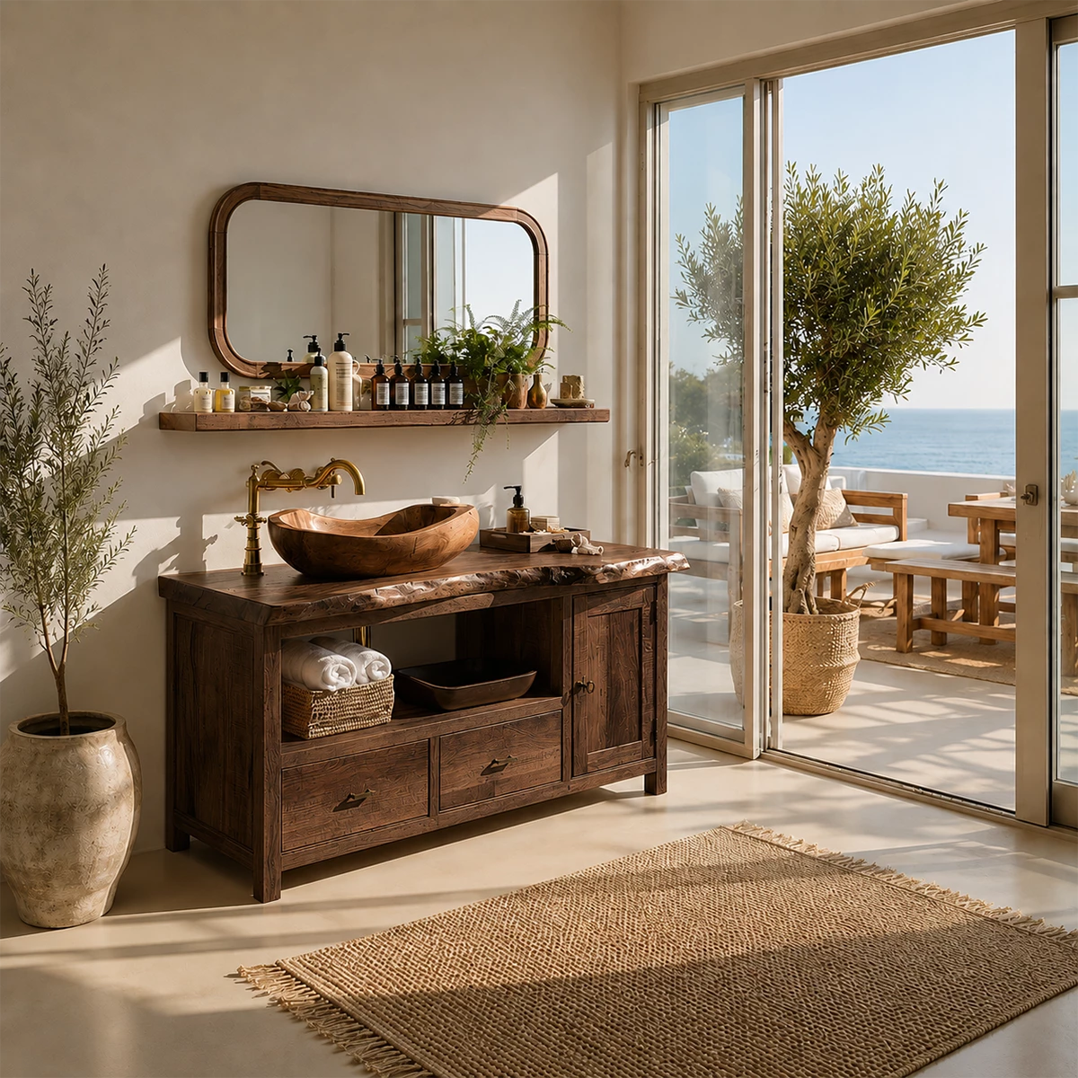 Rustic Solid Wood Bathroom Vanity With Vessel Sink & Open Storage - Livewoodcraft - 4