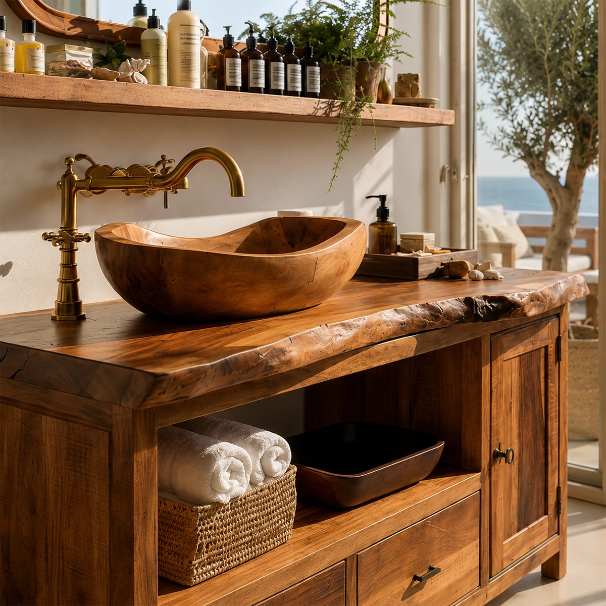 Rustic Solid Wood Bathroom Vanity With Vessel Sink & Open Storage - Livewoodcraft - 5