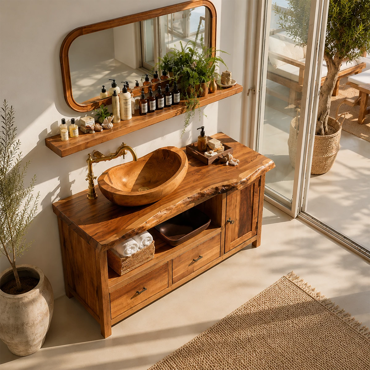Rustic Solid Wood Bathroom Vanity With Vessel Sink & Open Storage - Livewoodcraft - 6