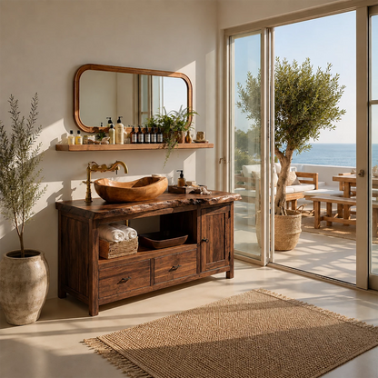Rustic Solid Wood Bathroom Vanity With Vessel Sink & Open Storage - Livewoodcraft - 9