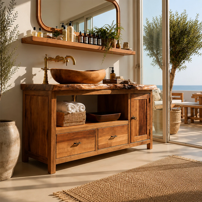 Rustic Solid Wood Bathroom Vanity With Vessel Sink & Open Storage - Livewoodcraft