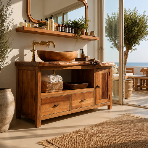 Rustic Solid Wood Bathroom Vanity With Vessel Sink & Open Storage - Livewoodcraft