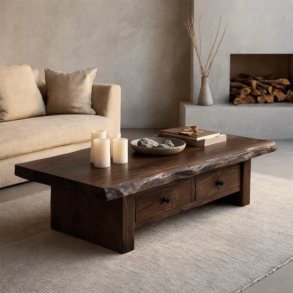 Rustic Solid Wood Coffee Table With Live Edge Top And Double Storage Drawers For Modern Living Room - Livewoodcraft - 2