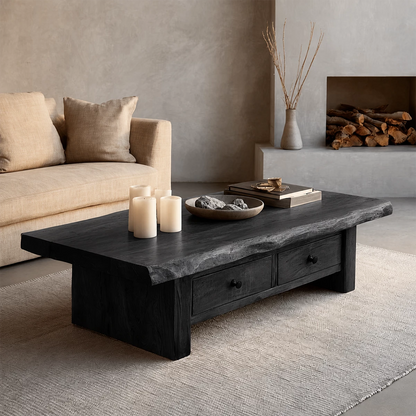 Rustic Solid Wood Coffee Table With Live Edge Top And Double Storage Drawers For Modern Living Room - Livewoodcraft - 3