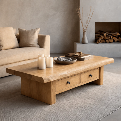 Rustic Solid Wood Coffee Table With Live Edge Top And Double Storage Drawers For Modern Living Room - Livewoodcraft - 4