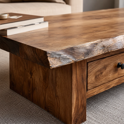 Rustic Solid Wood Coffee Table With Live Edge Top And Double Storage Drawers For Modern Living Room - Livewoodcraft - 6