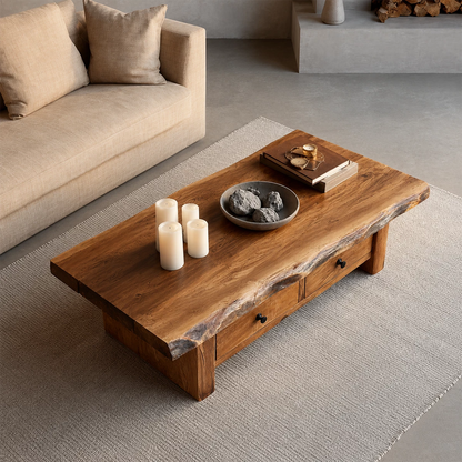 Rustic Solid Wood Coffee Table With Live Edge Top And Double Storage Drawers For Modern Living Room - Livewoodcraft - 7