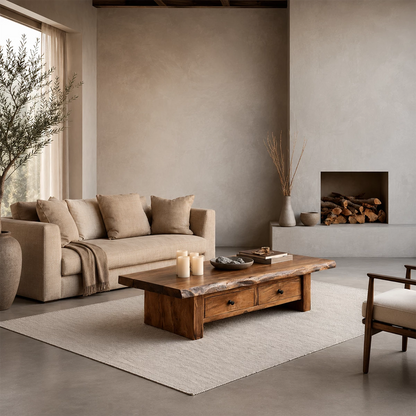Rustic Solid Wood Coffee Table With Live Edge Top And Double Storage Drawers For Modern Living Room - Livewoodcraft - 8