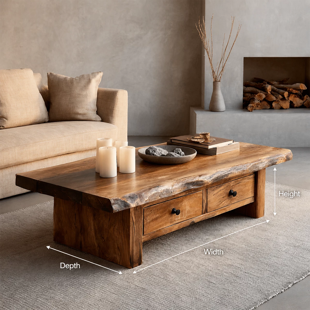 Rustic Solid Wood Coffee Table With Live Edge Top And Double Storage Drawers For Modern Living Room - Livewoodcraft - 9