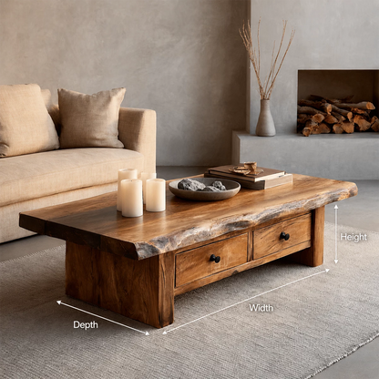 Rustic Solid Wood Coffee Table With Live Edge Top And Double Storage Drawers For Modern Living Room - Livewoodcraft - 9
