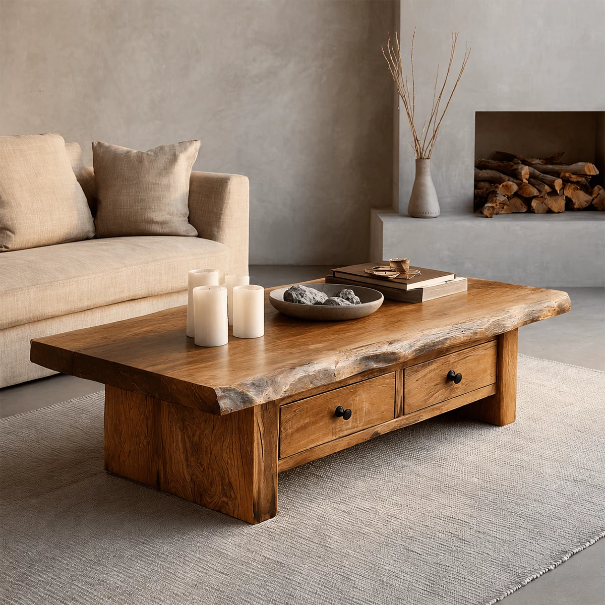 Rustic Solid Wood Coffee Table With Live Edge Top And Double Storage Drawers For Modern Living Room - Livewoodcraft