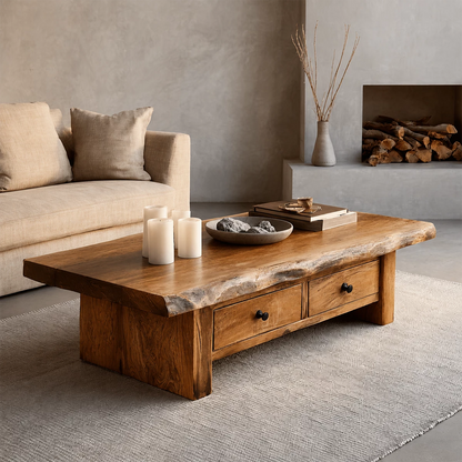 Rustic Solid Wood Coffee Table With Live Edge Top And Double Storage Drawers For Modern Living Room - Livewoodcraft