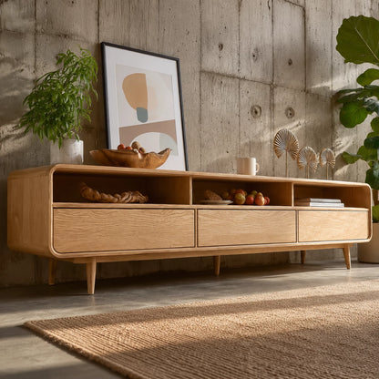 Scandinavian Natural Solid Wood TV Stand with Open Shelf Storage - Livewoodcraft - 5