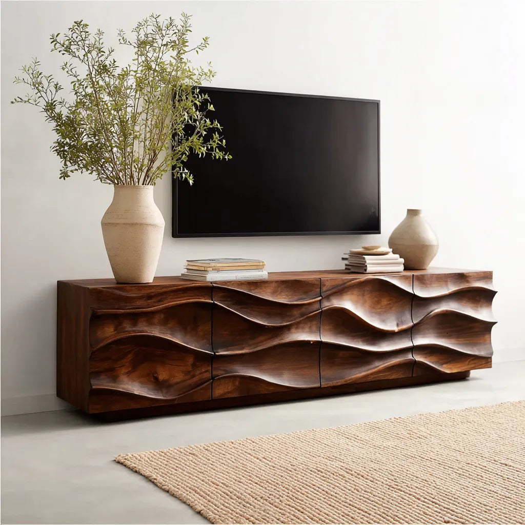 Sculpted Wave Natural Solid Wood TV Stand with Eight Drawer Storage - Livewoodcraft - 10