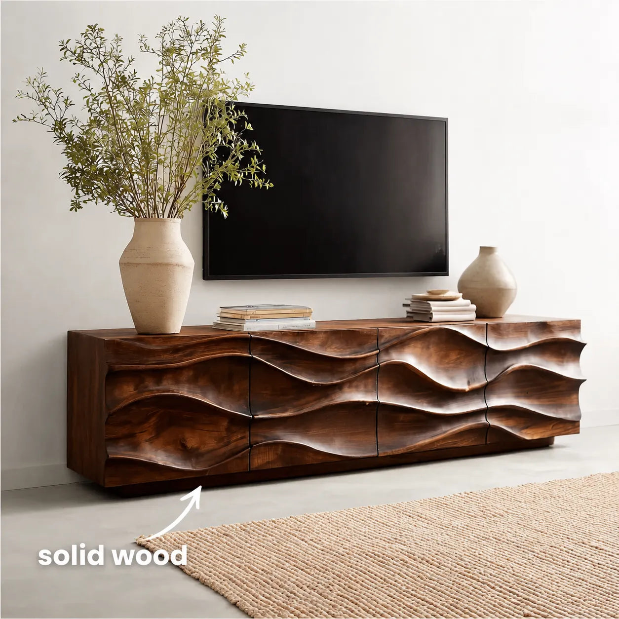 Sculpted Wave Natural Solid Wood TV Stand with Eight Drawer Storage - Livewoodcraft - 2