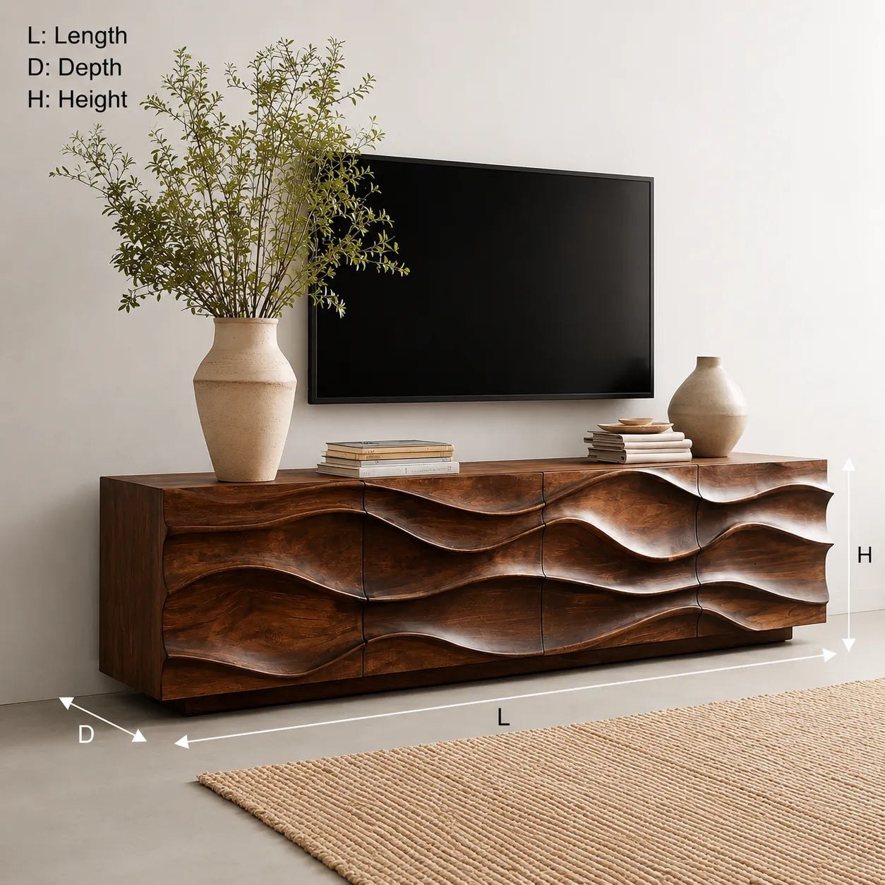 Sculpted Wave Natural Solid Wood TV Stand with Eight Drawer Storage - Livewoodcraft - 3