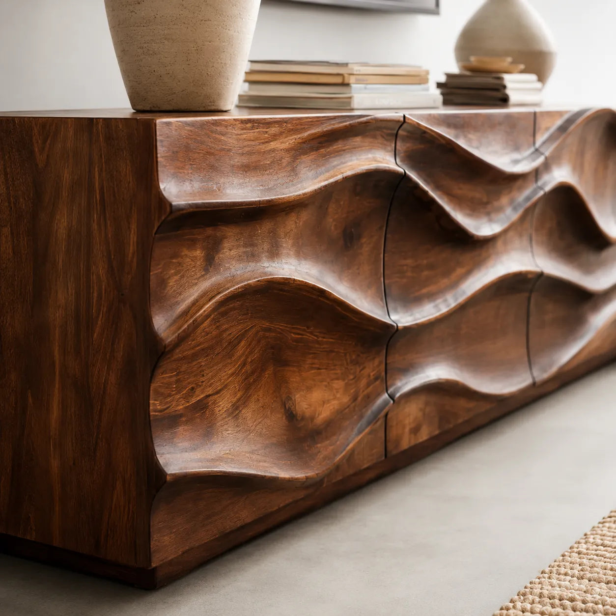 Sculpted Wave Natural Solid Wood TV Stand with Eight Drawer Storage - Livewoodcraft - 4