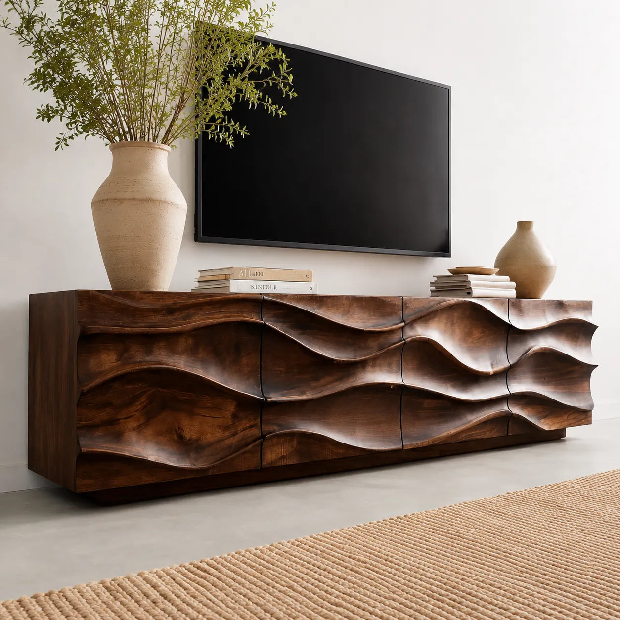 Sculpted Wave Natural Solid Wood TV Stand with Eight Drawer Storage - Livewoodcraft - 5