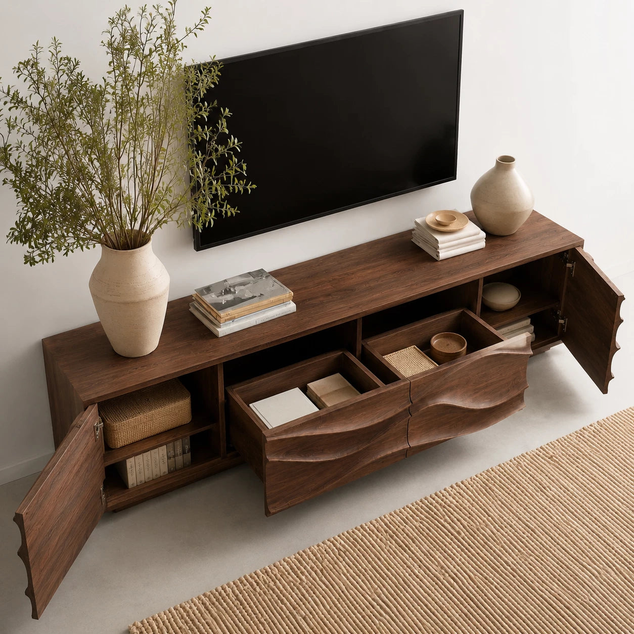 Sculpted Wave Natural Solid Wood TV Stand with Eight Drawer Storage - Livewoodcraft - 7
