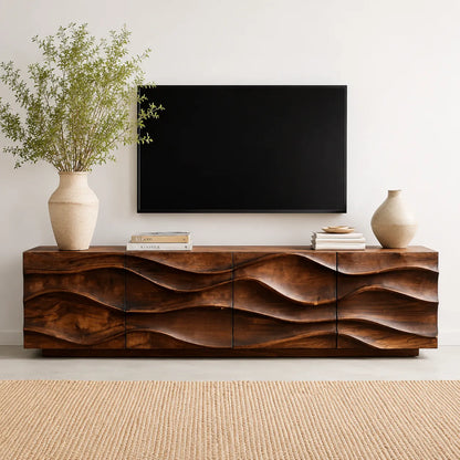 Sculpted Wave Natural Solid Wood TV Stand with Eight Drawer Storage - Livewoodcraft - 8