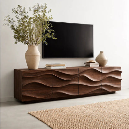 Sculpted Wave Natural Solid Wood TV Stand with Eight Drawer Storage - Livewoodcraft