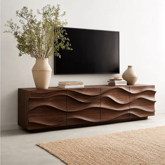 Sculpted Wave Natural Solid Wood TV Stand with Eight Drawer Storage - Livewoodcraft