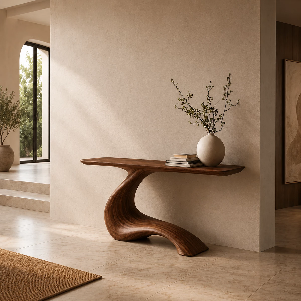 Sculptural Console Table with Flowing Pedestal Base in Natural Solid Wood - Livewoodcraft - 5