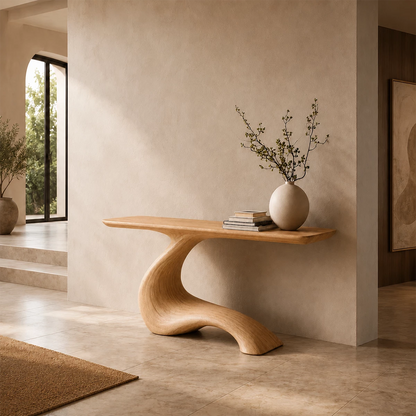 Sculptural Console Table with Flowing Pedestal Base in Natural Solid Wood - Livewoodcraft - 6