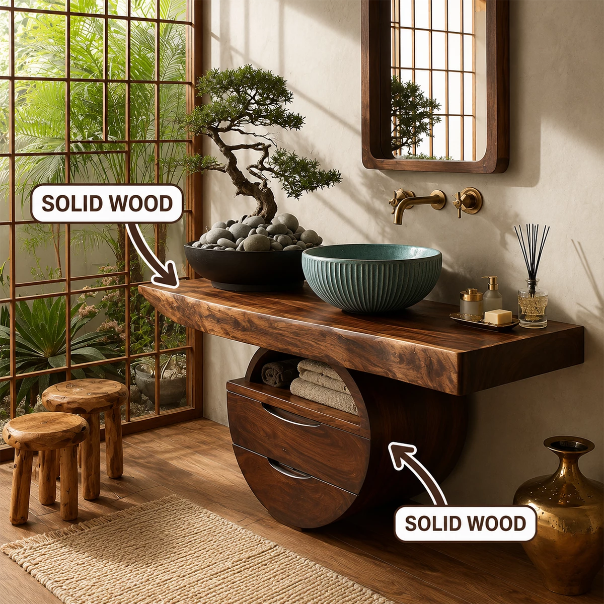 Sculptural Floating Bathroom Vanity with Curved Storage Base in Natural Solid Wood - Livewoodcraft - 10