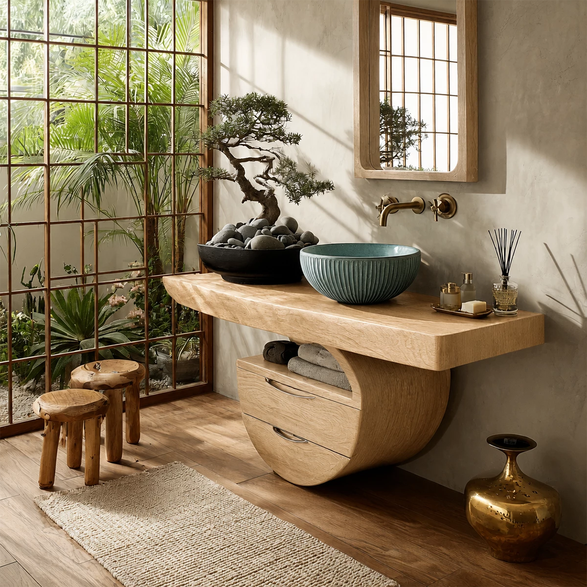 Sculptural Floating Bathroom Vanity with Curved Storage Base in Natural Solid Wood - Livewoodcraft - 2
