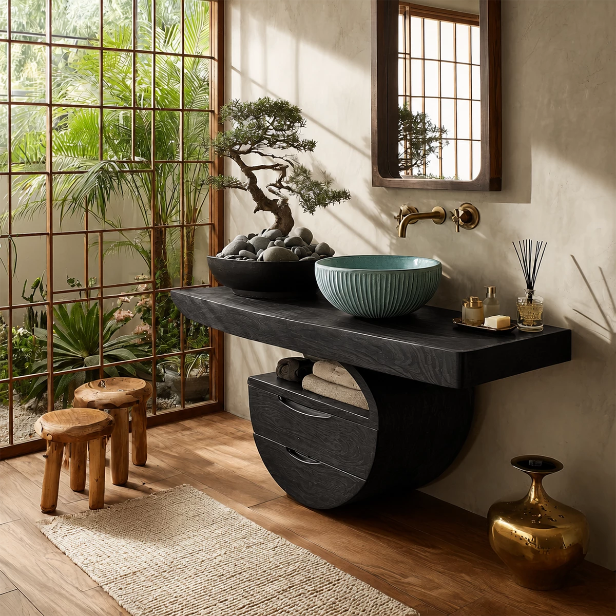 Sculptural Floating Bathroom Vanity with Curved Storage Base in Natural Solid Wood - Livewoodcraft - 3