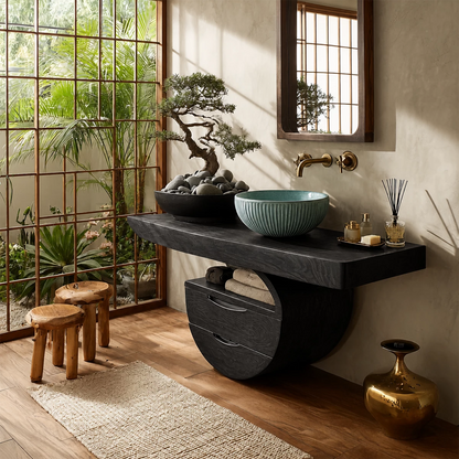 Sculptural Floating Bathroom Vanity with Curved Storage Base in Natural Solid Wood - Livewoodcraft - 3
