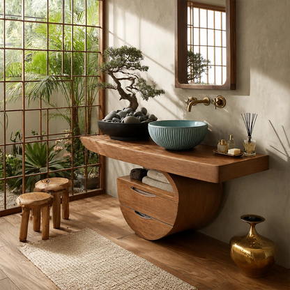 Sculptural Floating Bathroom Vanity with Curved Storage Base in Natural Solid Wood - Livewoodcraft - 4
