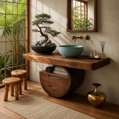 Sculptural Floating Bathroom Vanity with Curved Storage Base in Natural Solid Wood - Livewoodcraft - 5