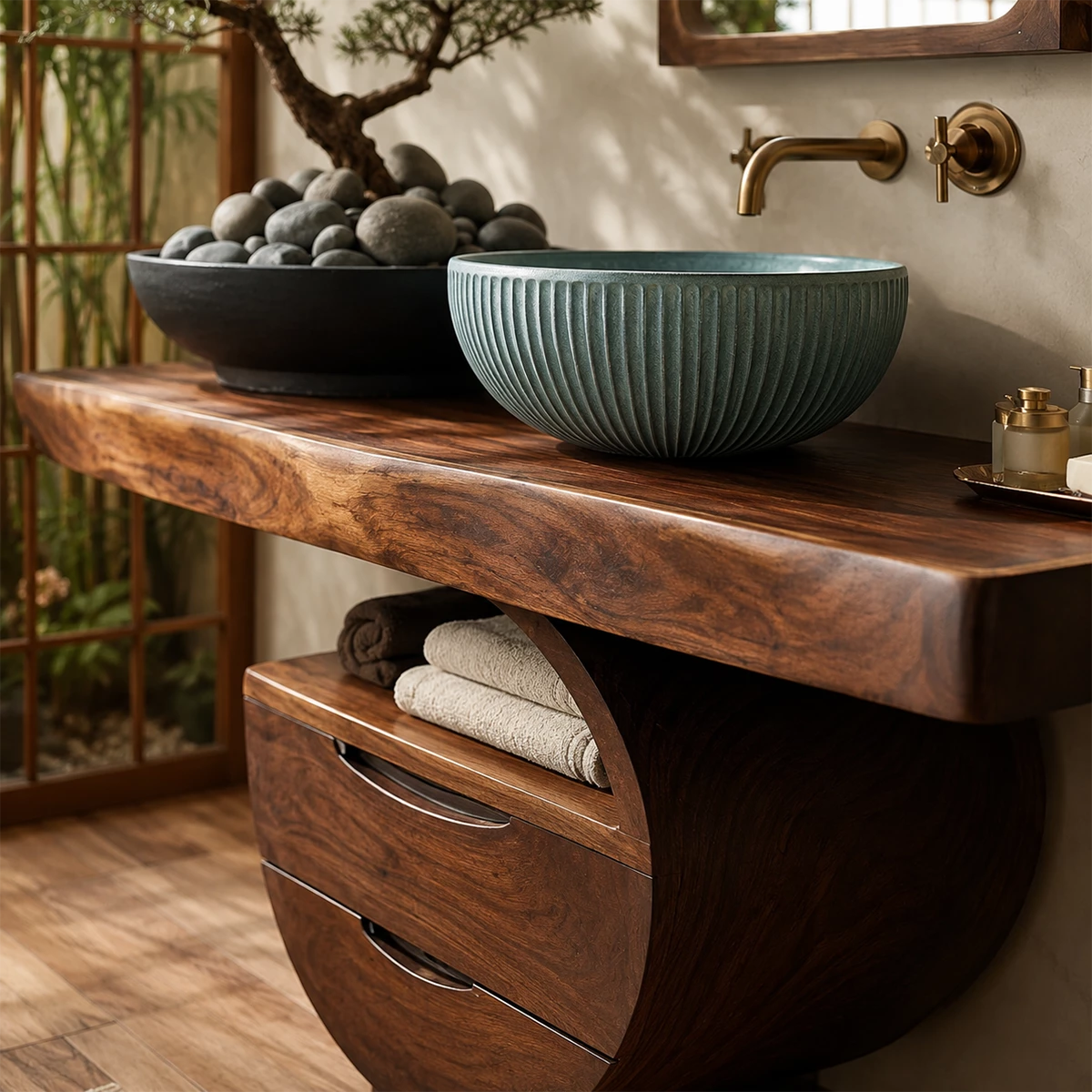 Sculptural Floating Bathroom Vanity with Curved Storage Base in Natural Solid Wood - Livewoodcraft - 6