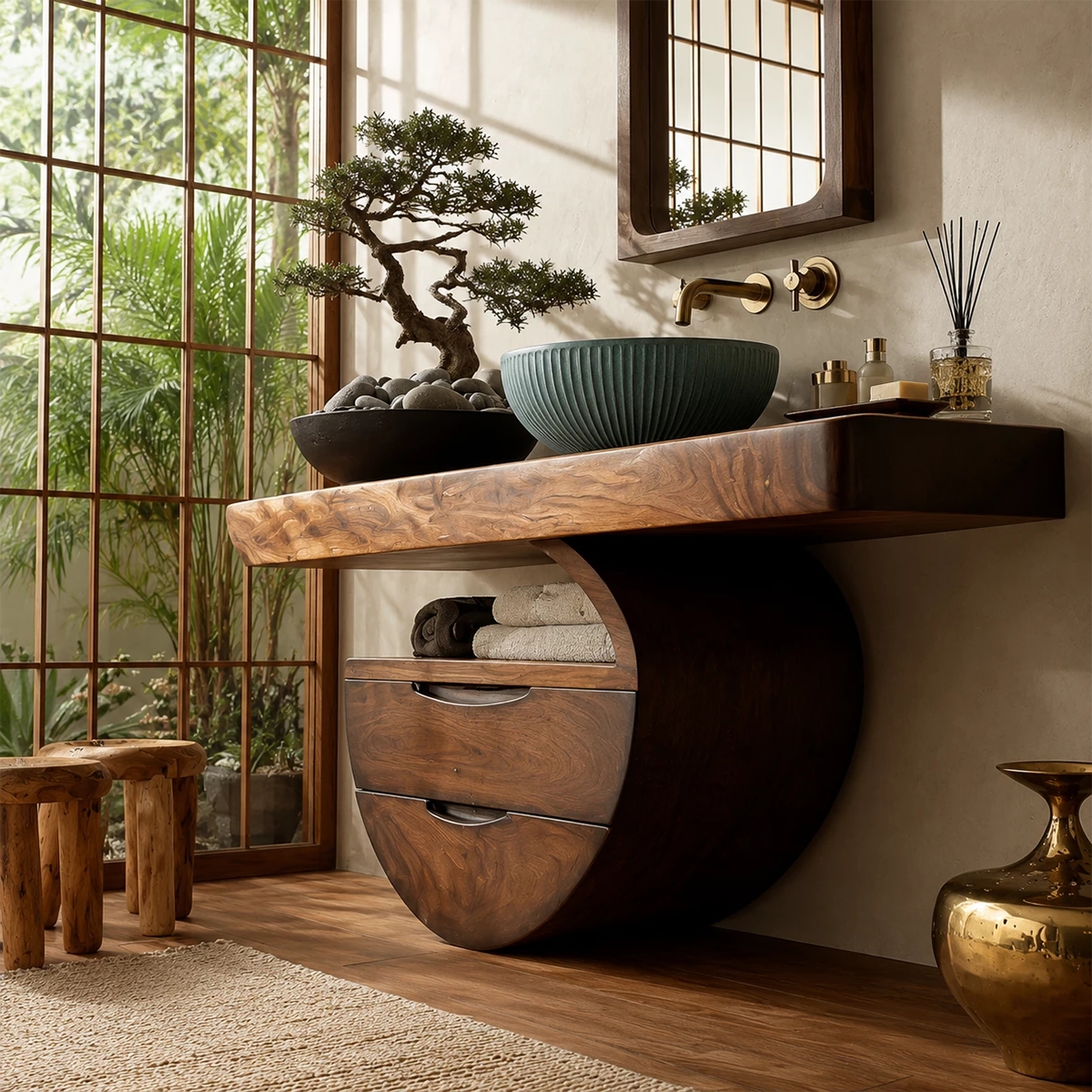 Sculptural Floating Bathroom Vanity with Curved Storage Base in Natural Solid Wood - Livewoodcraft - 7