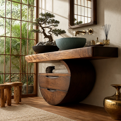Sculptural Floating Bathroom Vanity with Curved Storage Base in Natural Solid Wood - Livewoodcraft - 7