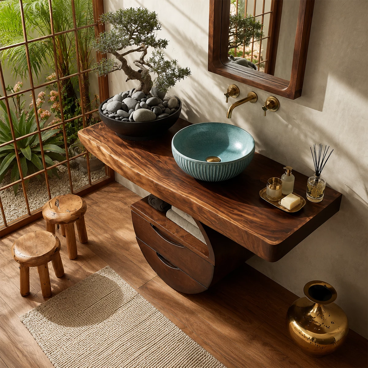 Sculptural Floating Bathroom Vanity with Curved Storage Base in Natural Solid Wood - Livewoodcraft - 8