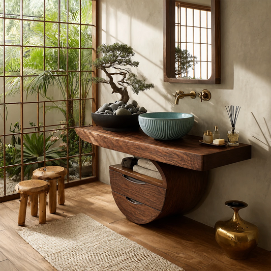 Sculptural Floating Bathroom Vanity with Curved Storage Base in Natural Solid Wood - Livewoodcraft