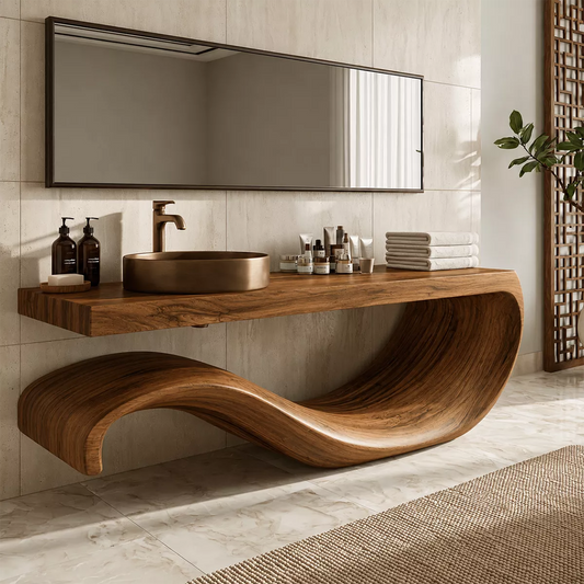 Sculptural Floating Solid Wood Bathroom Vanity With Large Wave Base And Natural Wood Grain - Livewoodcraft