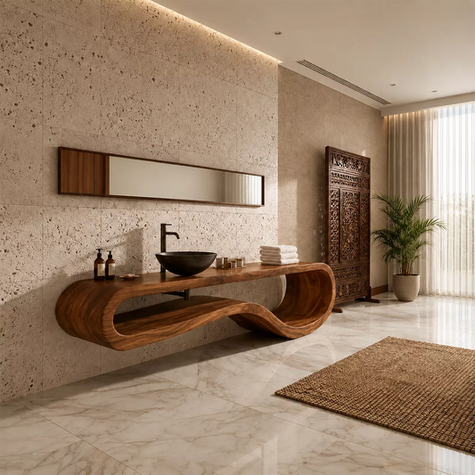 Sculptural Floating Solid Wood Bathroom Vanity With Organic Open Frame For Luxury Bathroom - Livewoodcraft