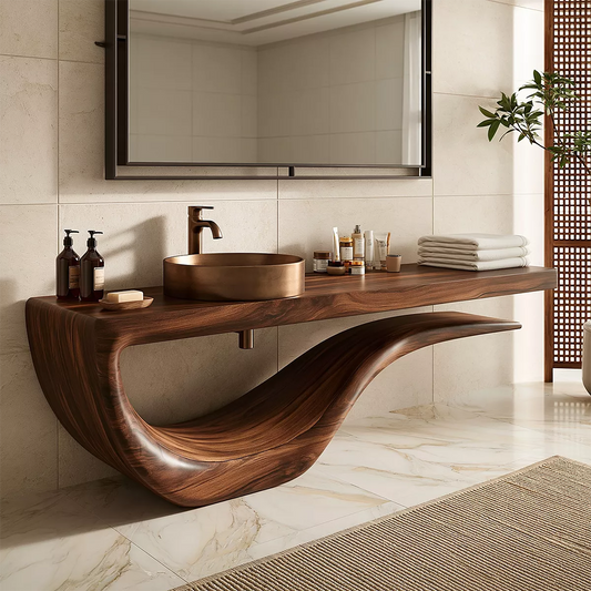 Sculptural Floating Solid Wood Bathroom Vanity With Wave Base And Open Shelf Storage - Livewoodcraft