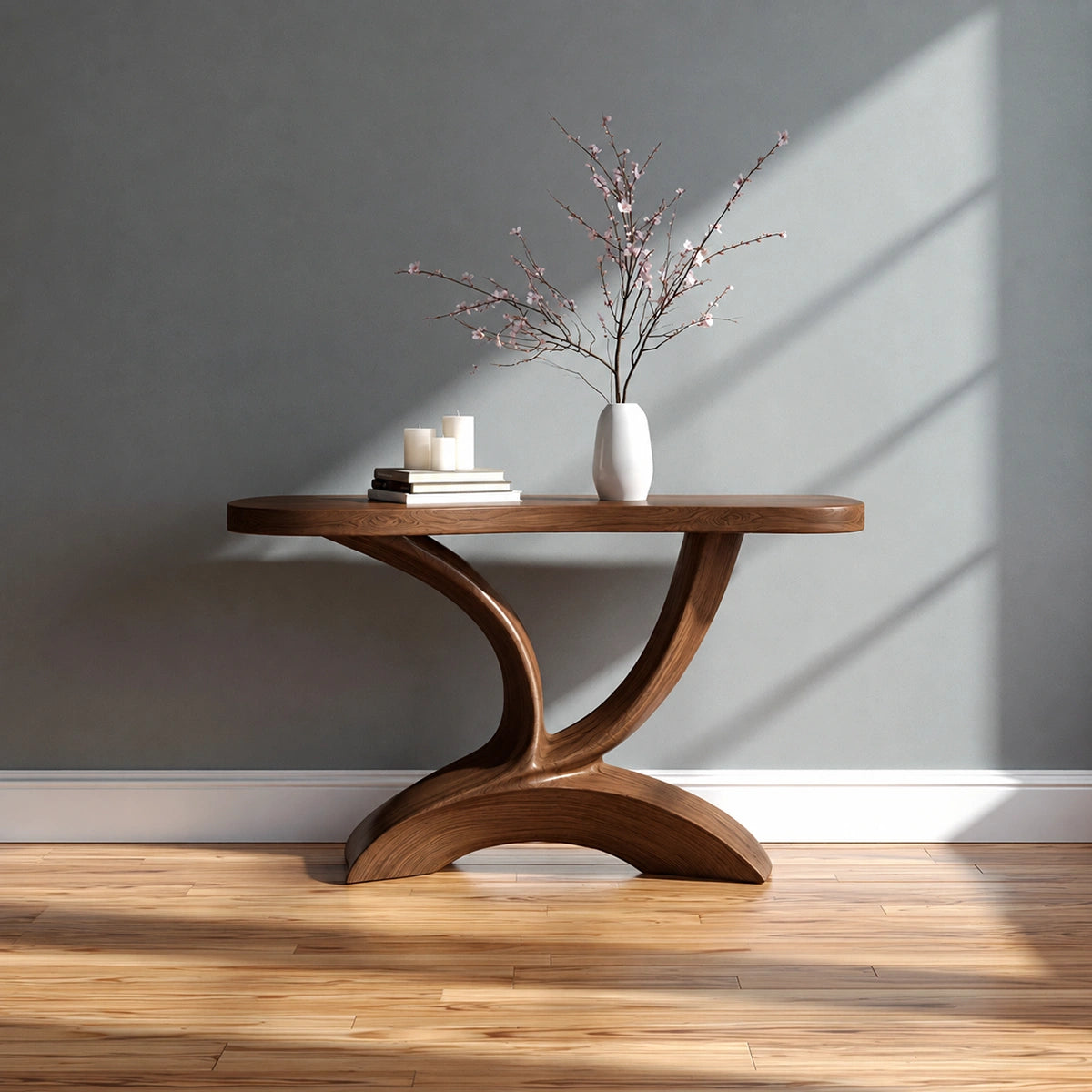 Sculptural Natural Solid Wood Console Table with Curved Pedestal Base - Livewoodcraft - 2