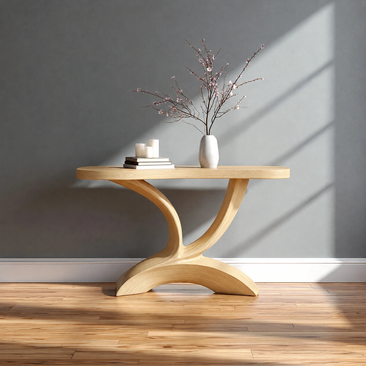Sculptural Natural Solid Wood Console Table with Curved Pedestal Base - Livewoodcraft - 3